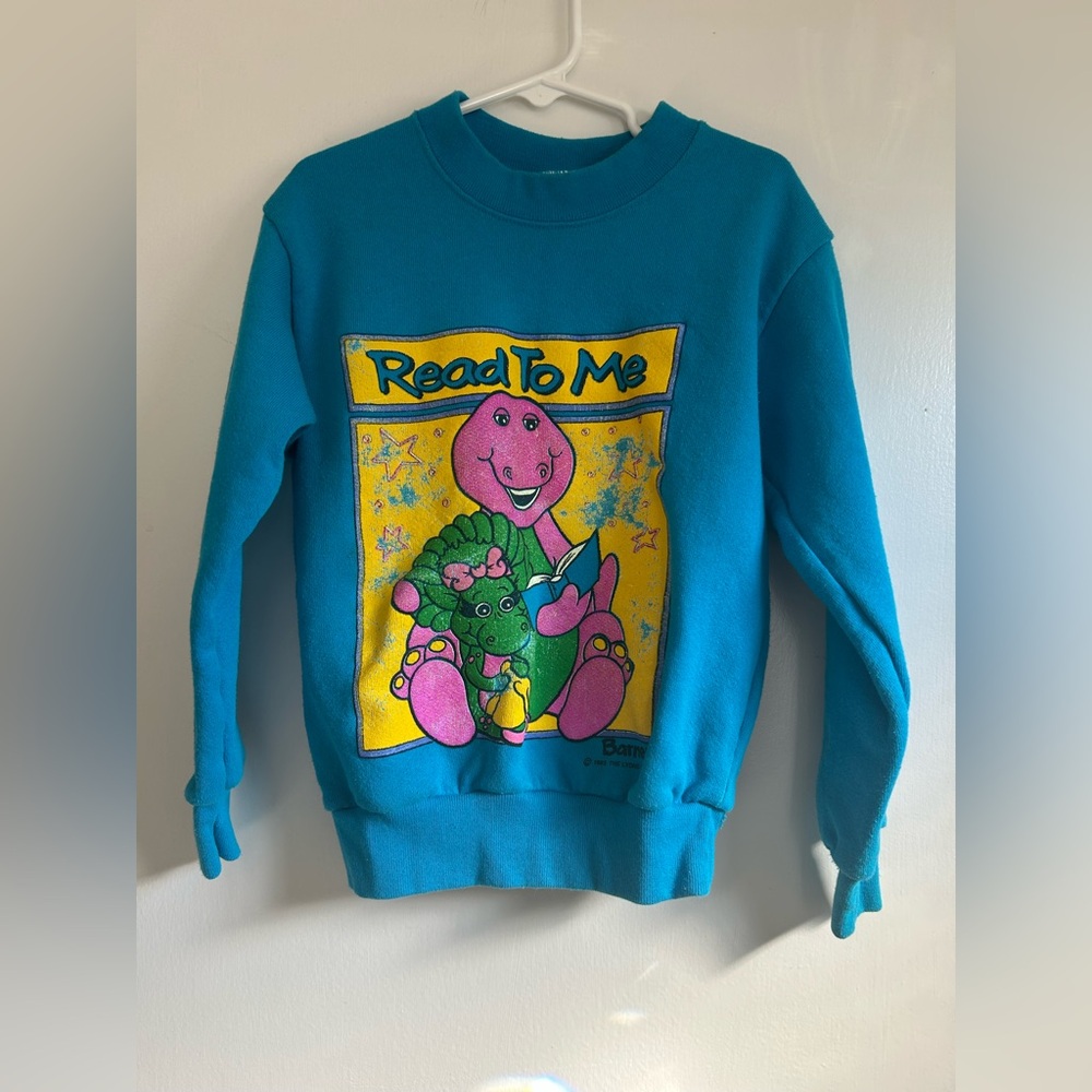 VINTAGE 1992 Barney Kids Sweatshirt Size 7 Purple Dinosaur Lyons Group USA VTG